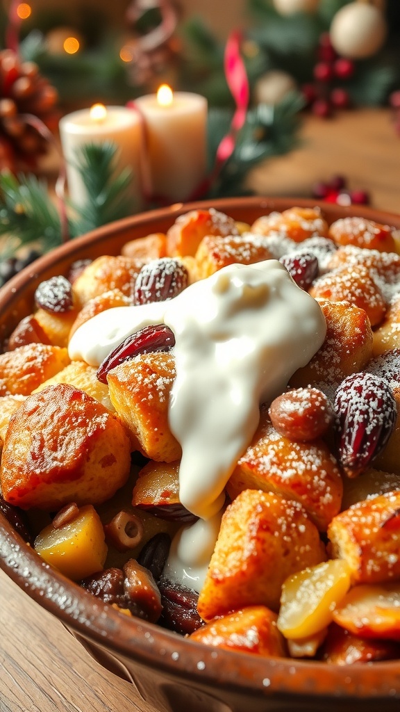 A dish of golden brown Christmas bread pudding with dried fruits and nuts, garnished with cream and powdered sugar.